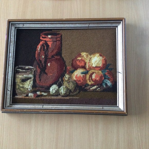 Beautiful handmade needlework yarn art wall hanging framed still life fruits mug - Picture 5 of 7